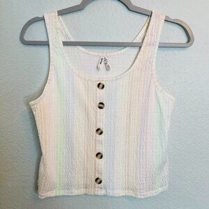 Mudd Pastel Striped Gauzy Cotton Blend Stretchy Summer Button Tank Top | Large